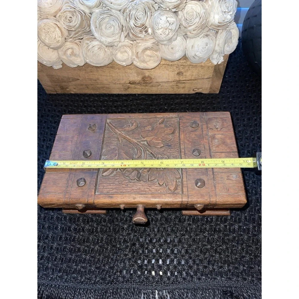 Vintage Handmade Carved‎ Wood Box With Wrought Iron Knob Jewelry Money Misc Box